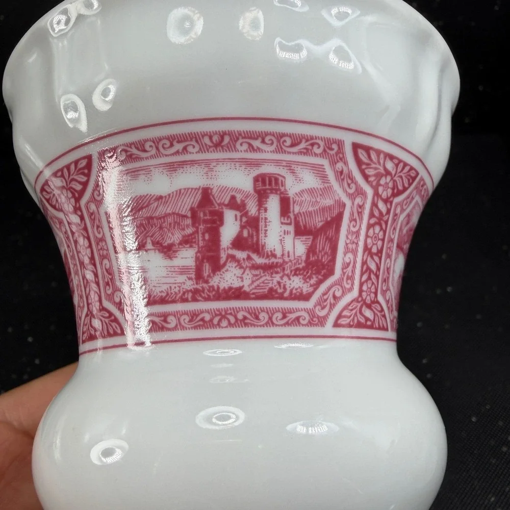Heinrich Germany Porcelain Vase Pink White Scenic Transferware Castle 4.5Inch
